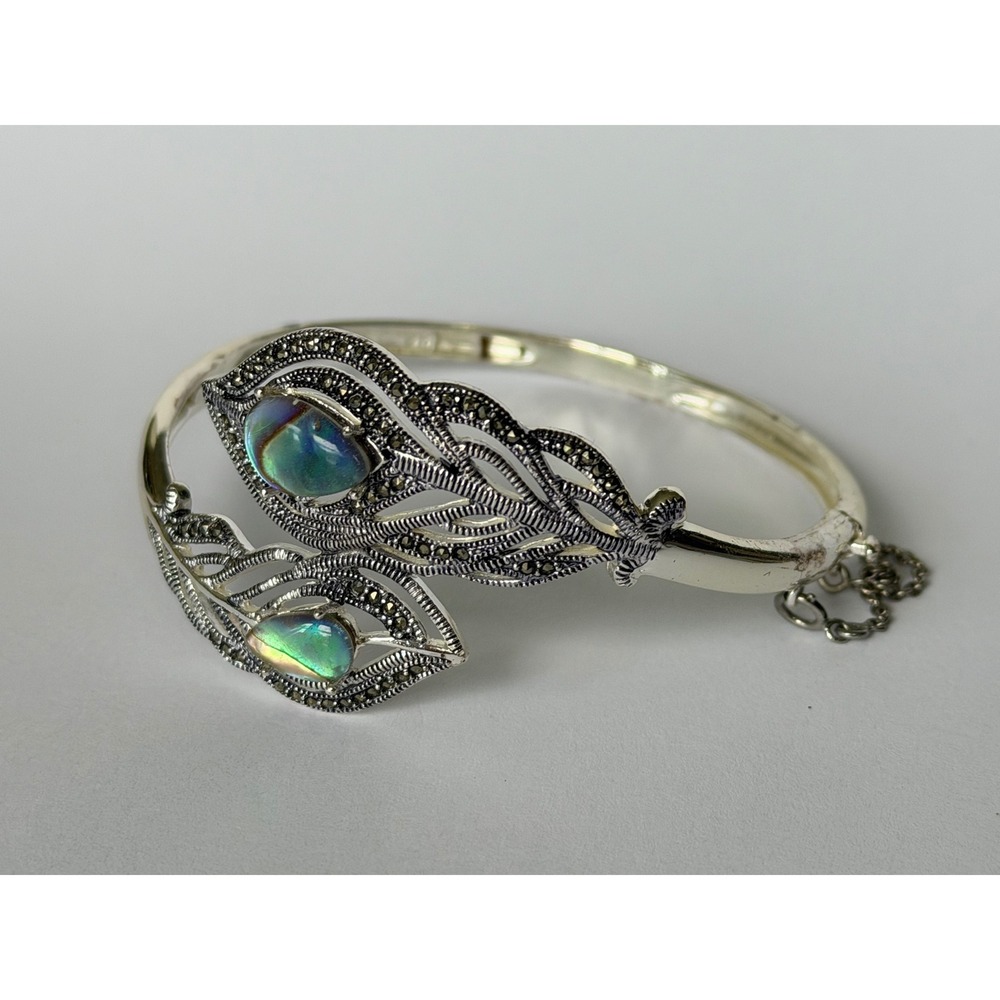 SLC Marcasite Abalone Shell Peacock Feather Clasp Bangle Bracelet Silverplate